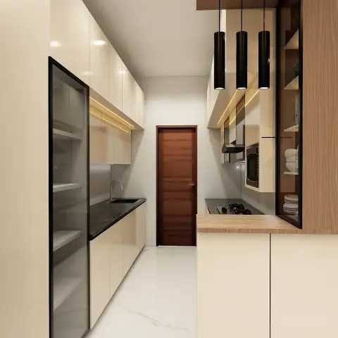 Narrow parallel kitchen in cream gloss shutters, black granite counter on the sink run, and a wood-topped breakfast ledge under three black cylinder pendants