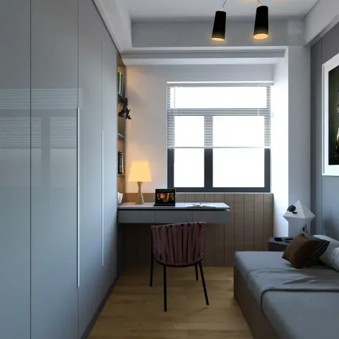 Narrow secondary bedroom render with a full-height grey wardrobe run down one side
