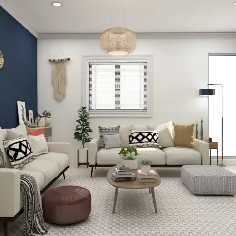 Navy-and-white living room render with two cream sofas around a round oak coffee table