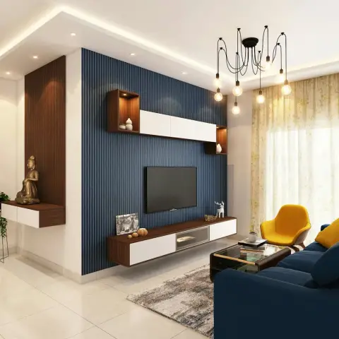 Navy fluted TV wall with a floating walnut-and-white console and lit display cubes