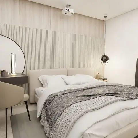 Neutral bedroom render with a pale fluted panel behind the cream upholstered bed on a wood-clad wall