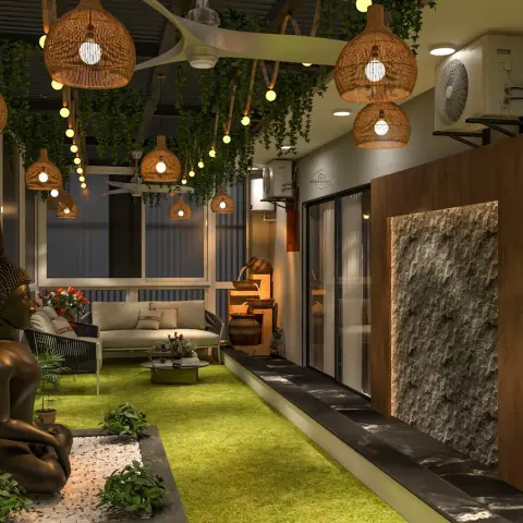 Night render of a long enclosed balcony floored in artificial turf, with a seated bronze Buddha in a pebble bed