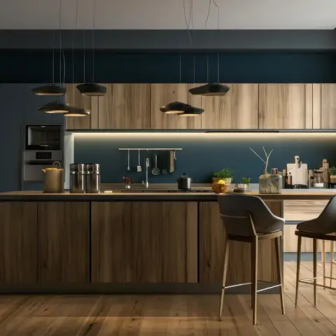 Oak-front island kitchen render against deep slate-blue walls, with black saucer pendants strung over the island