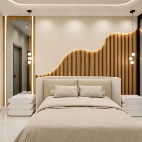 Oak slat headboard wall cut to a rising wave profile with an LED strip tracing the curve, flanked by stacked-disc white bedsides and triple-orb pendants