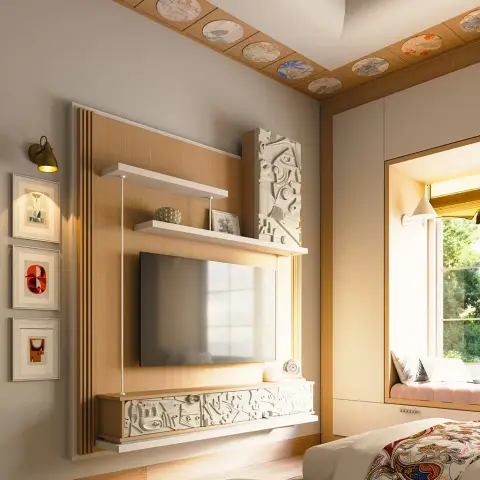 Oak TV panel with cast plaster-relief inserts on the drawer front and side pilaster