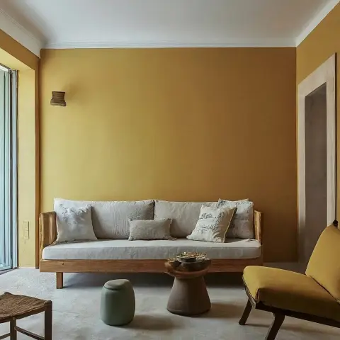 Ochre lime-washed living room with a teak-frame daybed sofa in pale linen, a terracotta pedestal table and a sage ceramic stool on bare grey screed