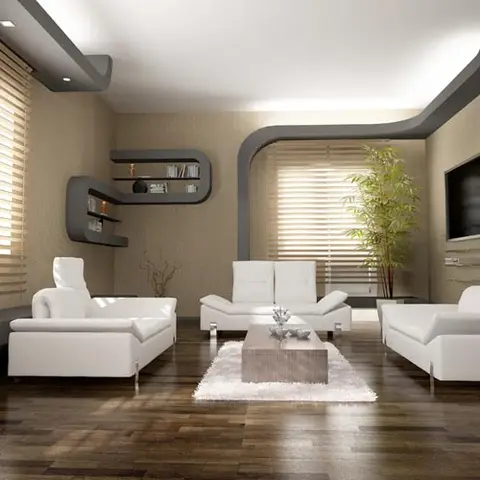 Older-generation render of a living room where a curved grey false-ceiling band sweeps down the wall into a hooked display shelf, above white leather sofas