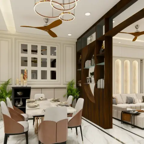 Open dining area with a marble-top table and blush leather-back chairs beneath a ring-pendant chandelier, a mirrored panel wall flanked by potted ferns