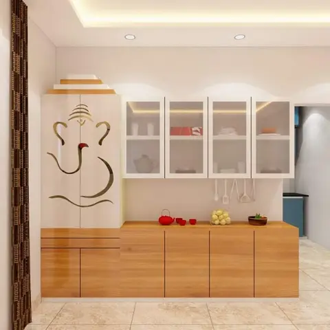 Open kitchen area with a wood-and-white crockery unit and glass-front upper cabinets