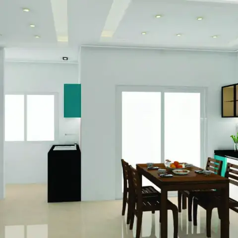 Open kitchen-dining render with teal and white gloss units on both walls, a dark wooden four-seat dining table laid in the centre and a black granite sideboard