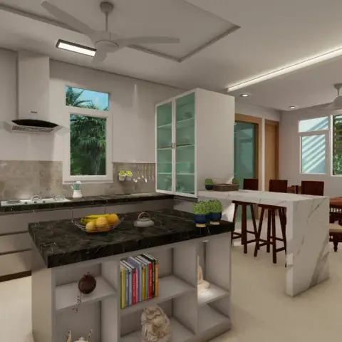 Open kitchen render where a dark green marble island carries open book shelving on its end