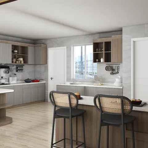 Open kitchen with a wood-grain island and matching peninsula counter, grey stone backsplash, and cane-back bar stools.