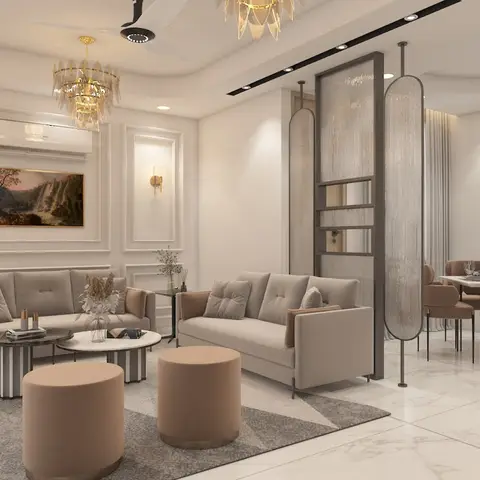 Open living and dining space with panel-moulded feature wall, gold crystal chandeliers, taupe sofas around a striped-leg coffee table