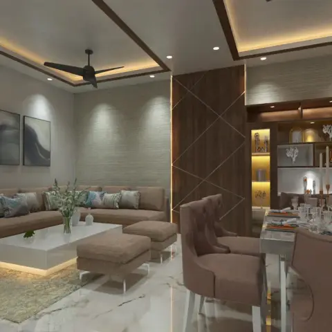 Open living-dining render where a taupe L-sofa and a glowing white coffee table face a triptych of abstract art