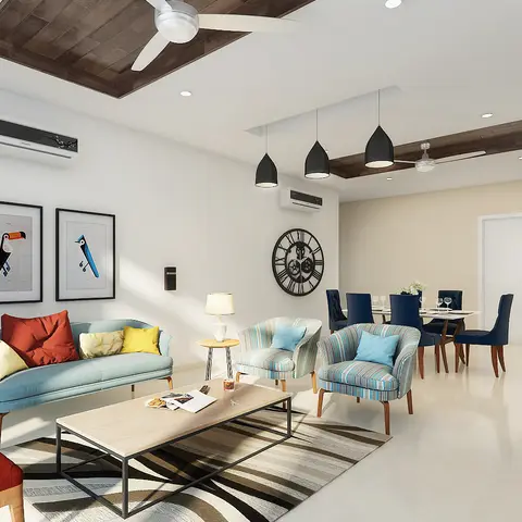Open living-dining render with a seafoam sofa and red tufted ottoman in the foreground, a wood-inset ceiling panel with black dome pendants