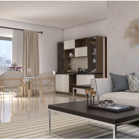Open living-dining space with a gold ginkgo-leaf wall sculpture on quatrefoil wallpaper, a beige sofa and coffee table in front