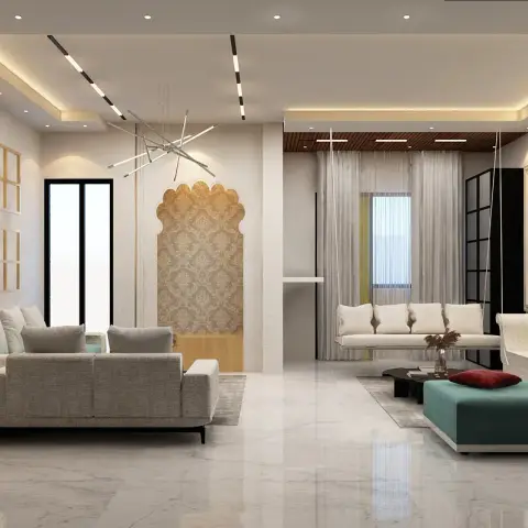 Open living hall in white marble with a gold scalloped-arch mandir niche on damask backing, a starburst linear chandelier