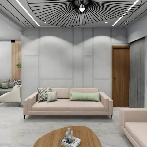 Open living room with a starburst-pattern cove-lit false ceiling, textured grey wall panelling and blush pink sofas around a wooden coffee table.