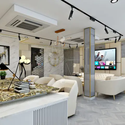 Open living space with a green agate-stone desk in the foreground, a marble-clad wall with a hexagon mosaic accent, chevron floor