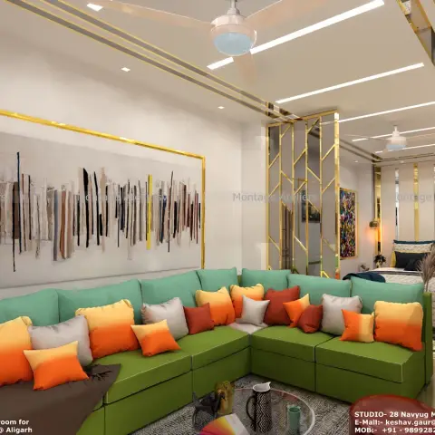 Open lounge sitting area in teal and green with a large abstract framed artwork, opening through a gold-framed glass partition into a bedroom beyond.