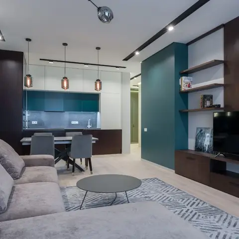 Open-plan apartment showing a grey sectional sofa and dark wood TV wall in the living zone