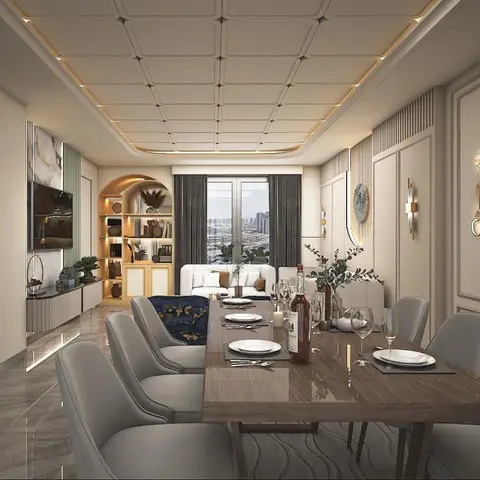 Open-plan dining and living space with a coffered gold-trimmed ceiling, panelled wainscot walls, a sculptural wave wall-art piece