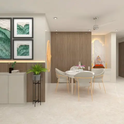Open-plan dining, pooja and living zone with a wood-slat feature wall, a marble-backed Ganesh pooja niche beside the dining table