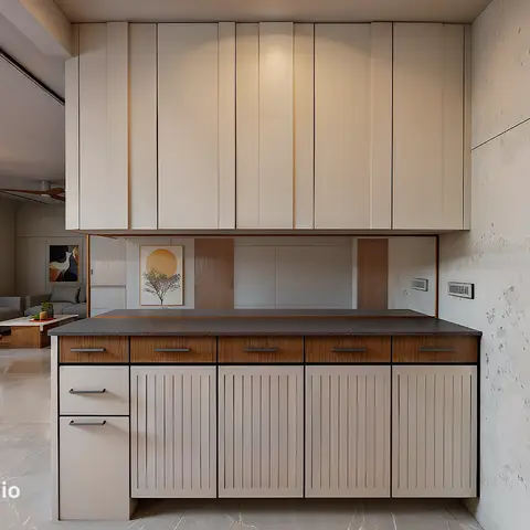Open-plan entrance and living area with a fluted cream overhead cabinet and dark stone-topped counter in the foreground