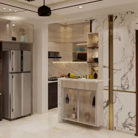 Open-plan entrance-to-kitchen render with a marble and brass-inlay feature wall beside a lit pooja niche and a compact modular kitchen