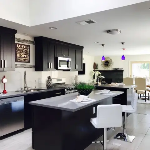 Open-plan home with a dark shaker-cabinet kitchen island and grey quartz counters