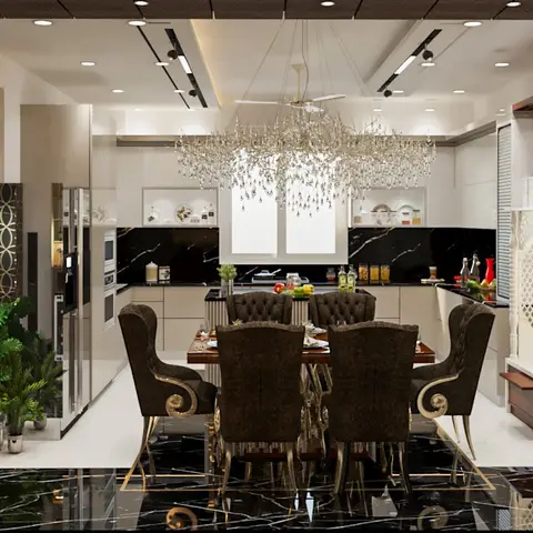 Open-plan kitchen, dining and pooja alcove under a large crystal-branch chandelier, with black-marble flooring and backsplash.