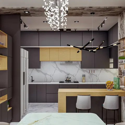 Open-plan kitchen with matte charcoal cabinetry and wood-tone accent doors, a marble slab backsplash, a wood-topped breakfast island with bar stools