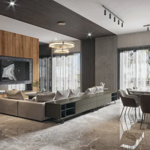 Open-plan living and dining area with a wood-veneer TV wall, a long low console under the screen