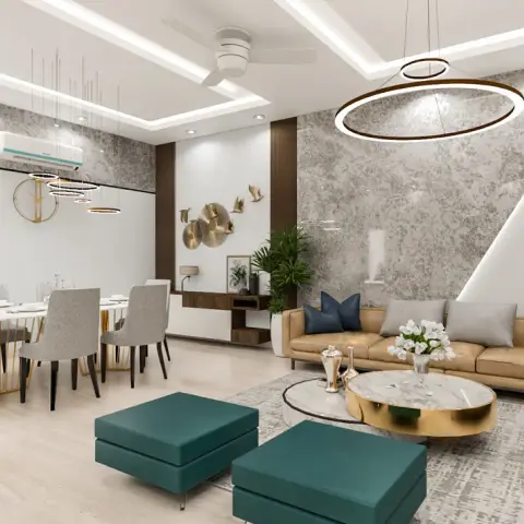 Open-plan living and dining render with a marble-and-brass coffee table, teal ottomans and a camel leather sectional sofa facing a round dining table for six