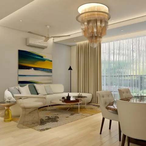 Open-plan living and dining room with a curved white sofa and wire-frame accent chair, a large abstract painting, a sheer-curtained garden-facing window