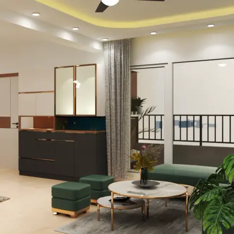 Open-plan living and dining space with a dark green velvet sofa and ottomans, nested marble-top coffee tables