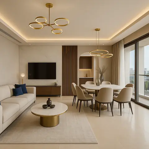 Open-plan living and dining space with a beige sofa facing a marble TV wall on one side and a round marble dining table for six under gold ring pendants on the