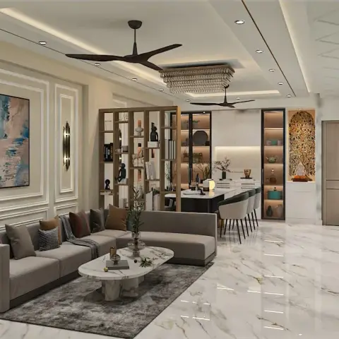 Open-plan living and dining space with a moulded panel wall and abstract art behind the sectional sofa