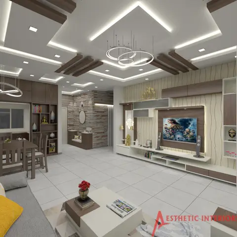 Open-plan living, dining and entrance area with a multi-tier wood-beamed false ceiling and ring pendant lights, a wavy-wallpaper TV feature wall