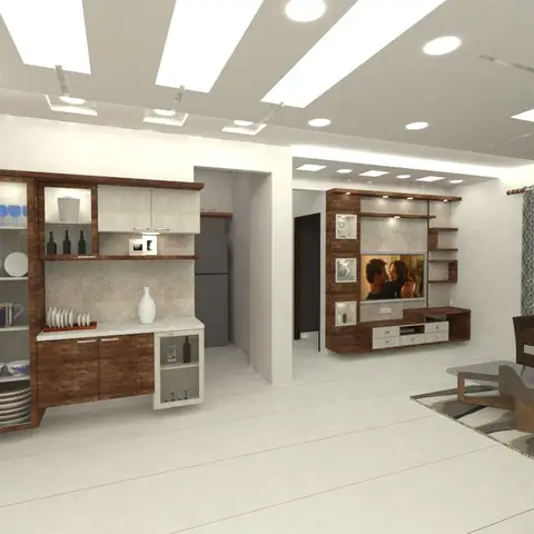 Open-plan living-dining CGI render with a wood-and-white crockery unit beside a kitchen niche, facing a matching TV feature wall and a bench dining table.
