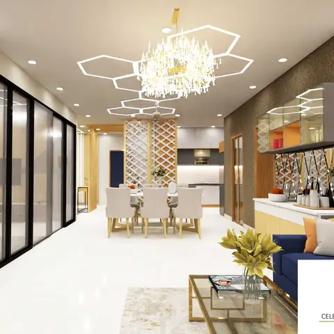 Open-plan living-dining-kitchen render with a honeycomb-shaped cove ceiling, a tiered crystal chandelier