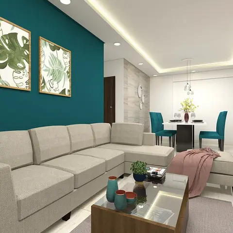 Open-plan living-dining render with a teal accent wall behind framed botanical prints, a beige sectional sofa