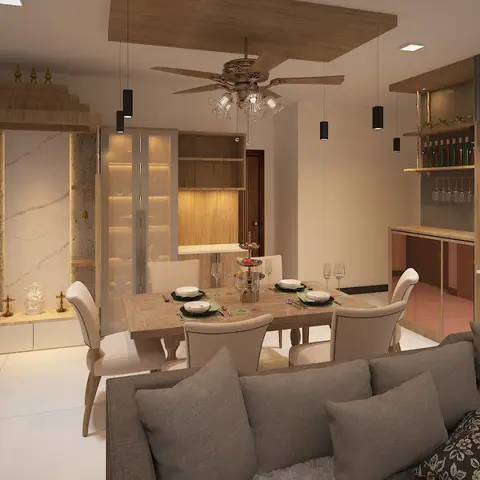 Open-plan living-dining render with a marble-clad pooja niche on one side, a glass-front crockery unit and wood-clad ceiling drop over the dining table