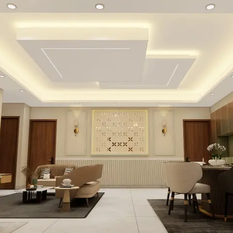 Open-plan living-dining space with a multi-tier cove-lit POP ceiling, a central jaali wall panel, and views through to a green modular kitchen.