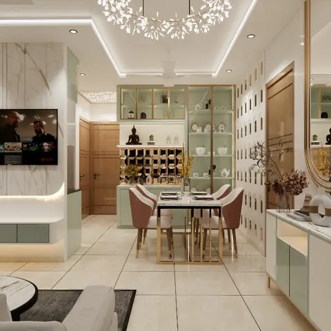 Open-plan living-dining space with a marble-look TV wall and floating console, a sage-green glass-front crockery display