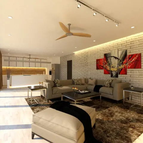 Open-plan living room render where a beige sectional and a long upholstered ottoman sit on a shaggy brown rug facing a whitewashed brick wall hung with a