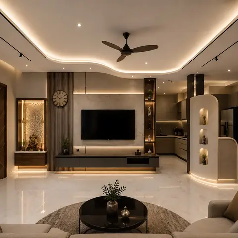 Open-plan living room with a curved cove ceiling, a fluted wood TV feature wall backed in marble, and a backlit pooja niche beside the entry doors.