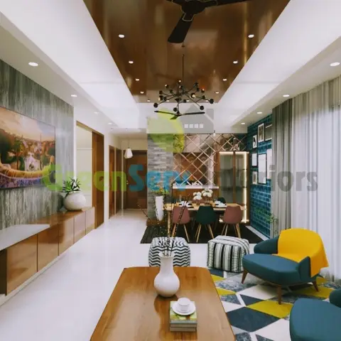 Open-plan living space with a mustard bucket chair and teal armchair on a yellow geometric rug, wood-clad ceiling drop over a wall-mounted TV