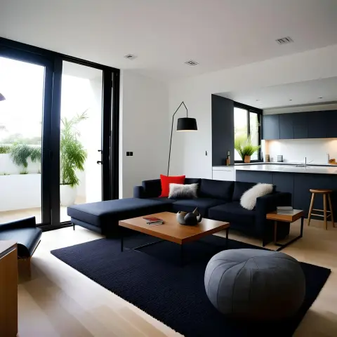 Open-plan living space with a navy sectional sofa, a wood-and-black coffee table on a charcoal rug, a black arc floor lamp