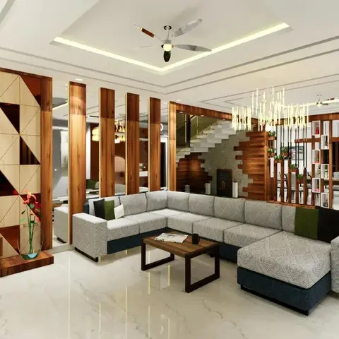 Open-plan living, staircase and dining zone rendered together with a slatted wood partition and a candle-style chandelier over the dining table.